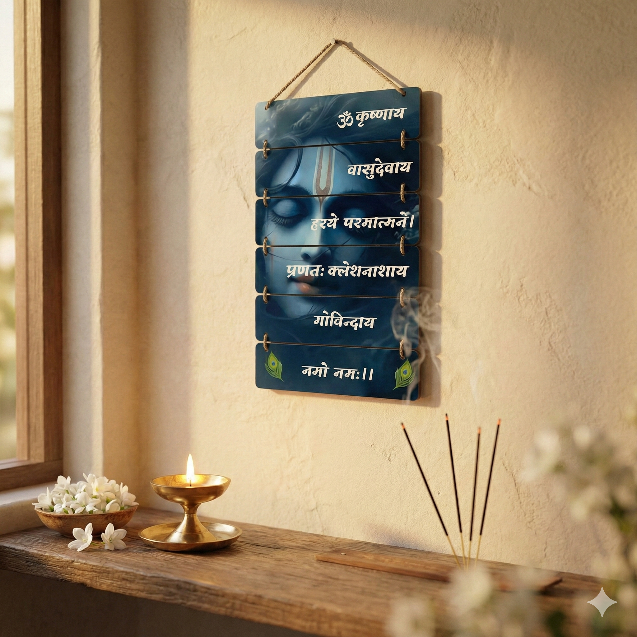 Lord Krishna Mantra Multi-Panel Wooden Wall Hanging | Spiritual Home Decor