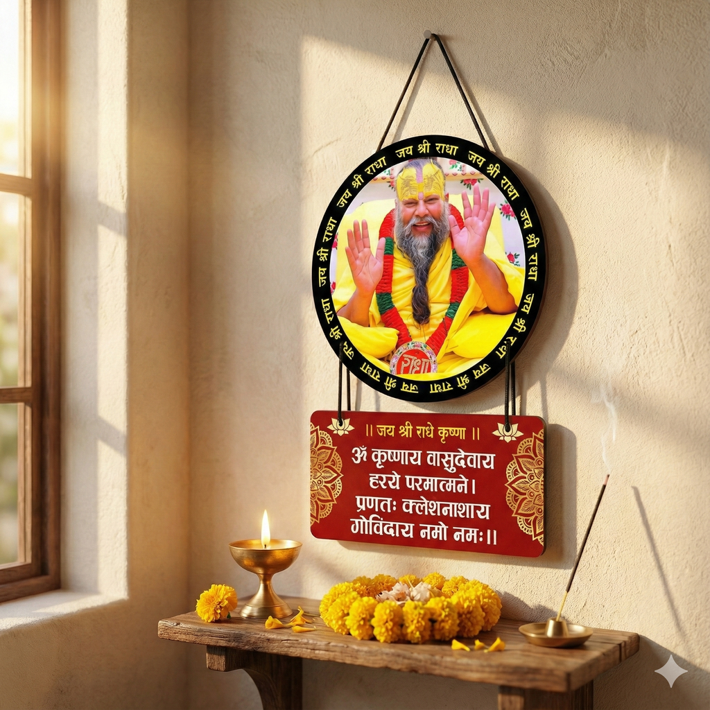 Premanand Ji Maharaj & Krishna Mantra Wooden Wall Hanging for Home Decor