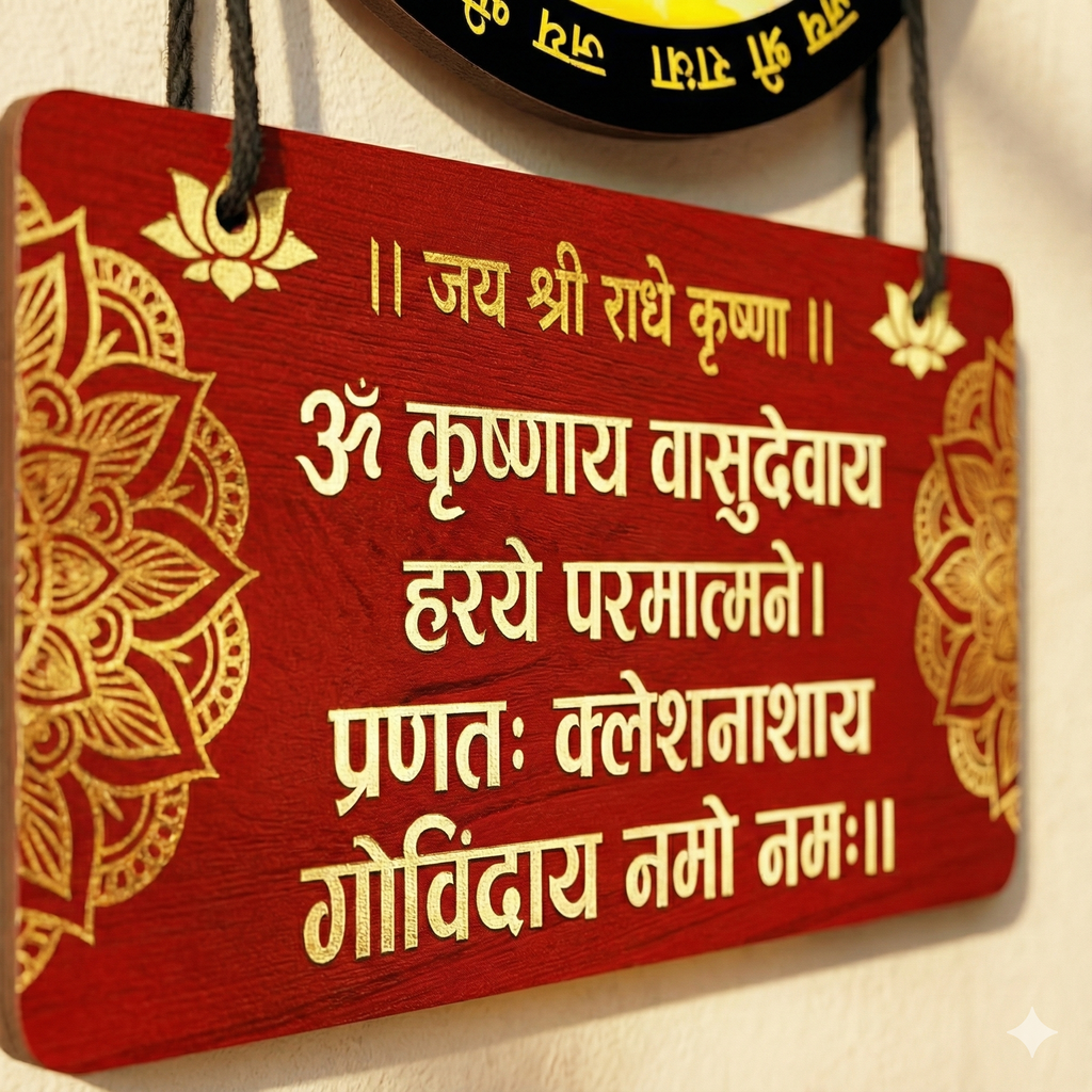 Premanand Ji Maharaj & Krishna Mantra Wooden Wall Hanging for Home Decor