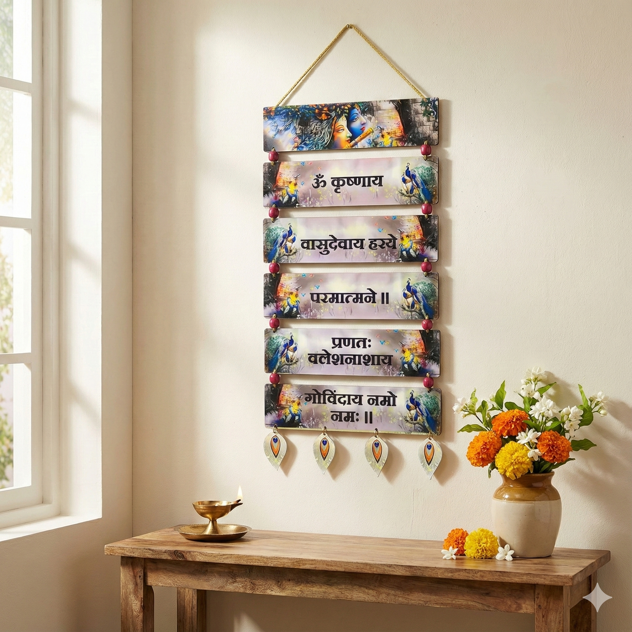 Radha Krishna & Peacock Theme Mantra Wall Hanging